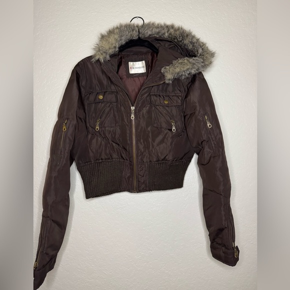 No Boundaries Jackets & Blazers - No Boundaries Dark Brown Quilted Bomber Jacket with Faux Fur Hood Y2K